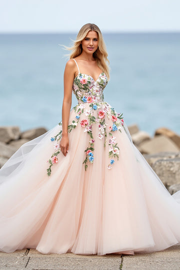 Blush A Line Floral Wedding Dress with 3D Folwers